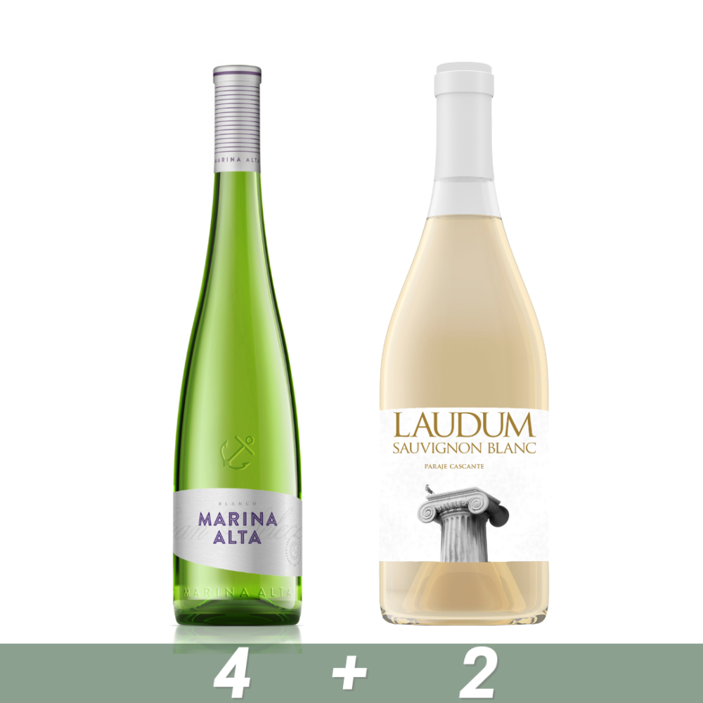 Pack de vino blanco. 4 Botellas de Marina Alta + 2 Botellas de Laudum Sauvignon Blanc.